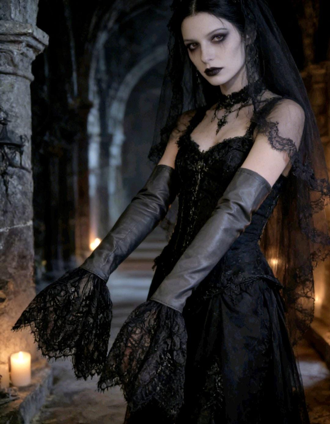 Black Faux Leather & Lace Arm Warmers Cuffs, Gothic Victorian Sleeves Opera Gloves