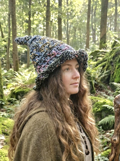 Handmade Woodland Wizard Pixie Hat Crochet - OOAK Blue Green Grey Fairy