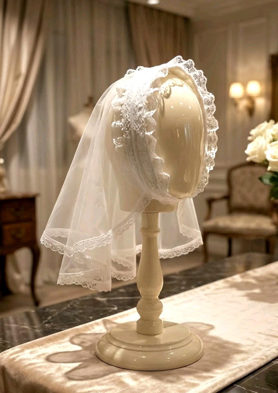 White Lace Net Veil Headpiece - Crocodile Clip Fastening - Bride Gothic Victorian Costume