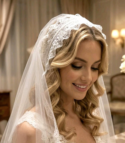 White Lace Net Veil Headpiece - Crocodile Clip Fastening - Bride Gothic Victorian Costume