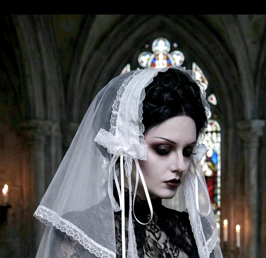 White Lace Net Veil Headpiece - Crocodile Clip Fastening - Bride Gothic Victorian Costume