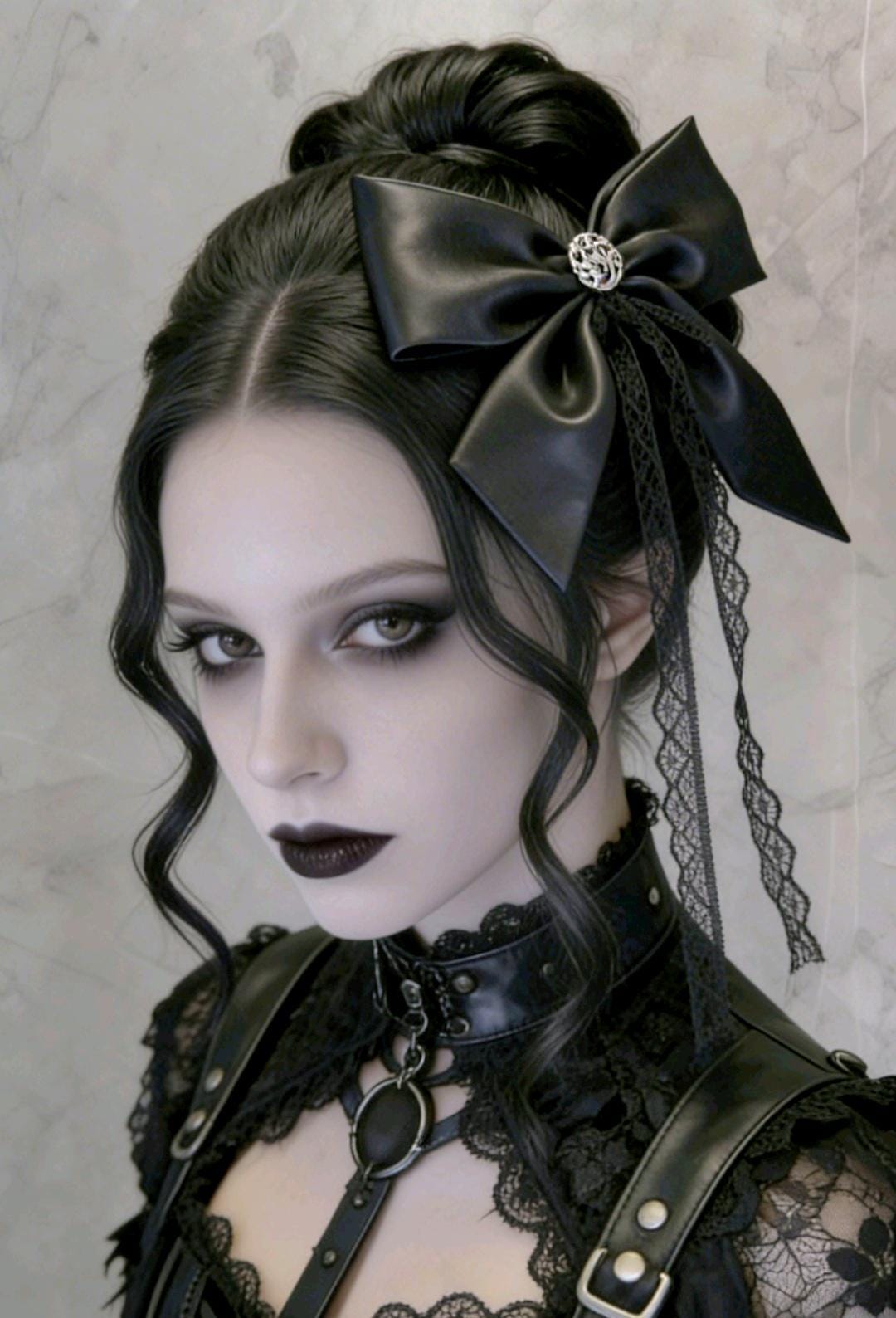 Big Faux Leather & Lace Hair Bow, Clip On, Gothic Punk Party