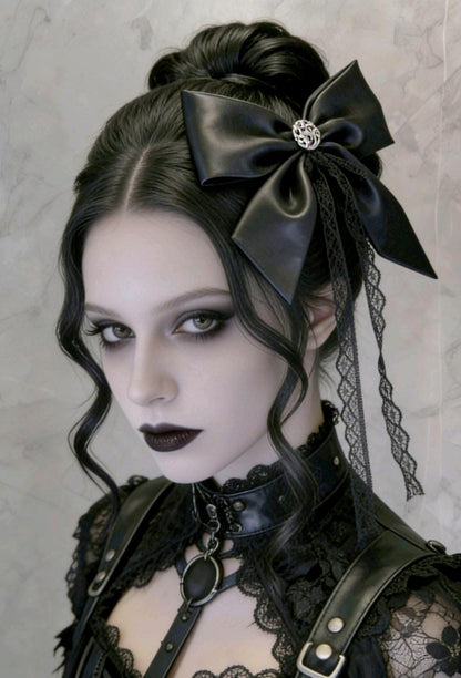 Big Faux Leather & Lace Hair Bow, Clip On, Gothic Punk Party