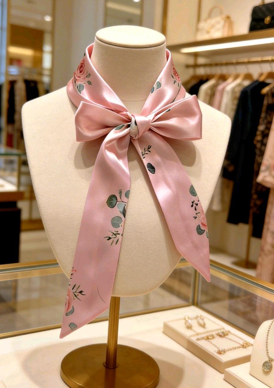 Pink Floral Satin Skinny Cravat Bow Scarf - Unisex Ladies, Steampunk, Wedding,