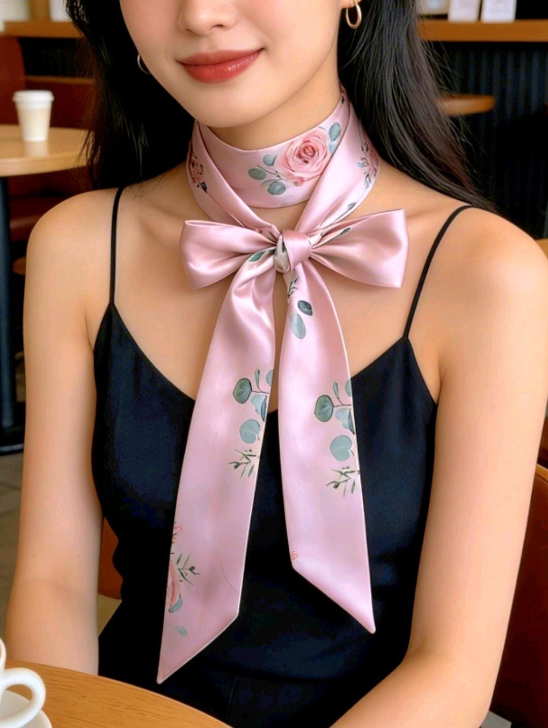 Pink Floral Satin Skinny Cravat Bow Scarf - Unisex Ladies, Steampunk, Wedding,