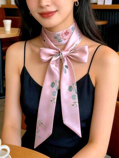 Pink Floral Satin Skinny Cravat Bow Scarf - Unisex Ladies, Steampunk, Wedding,