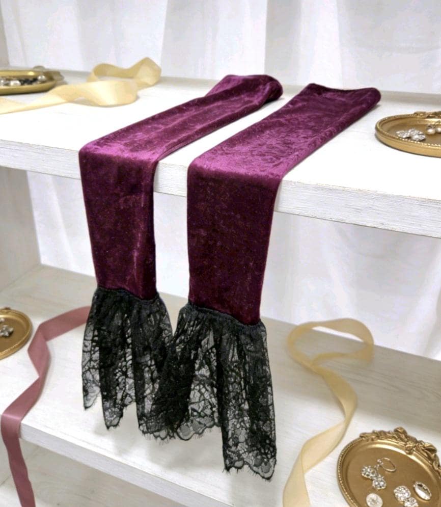 Cerise Purple Velvet Long Arm Warmers Black Lace, Gothic Victorian Sleeves Opera Gloves