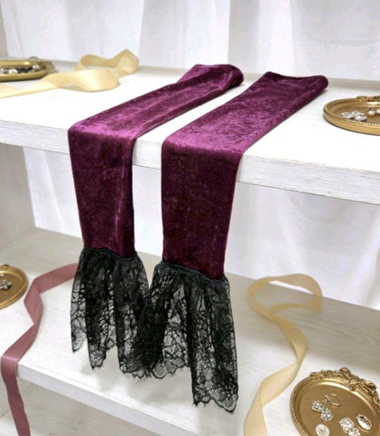 Cerise Purple Velvet Long Arm Warmers Black Lace, Gothic Victorian Sleeves Opera Gloves