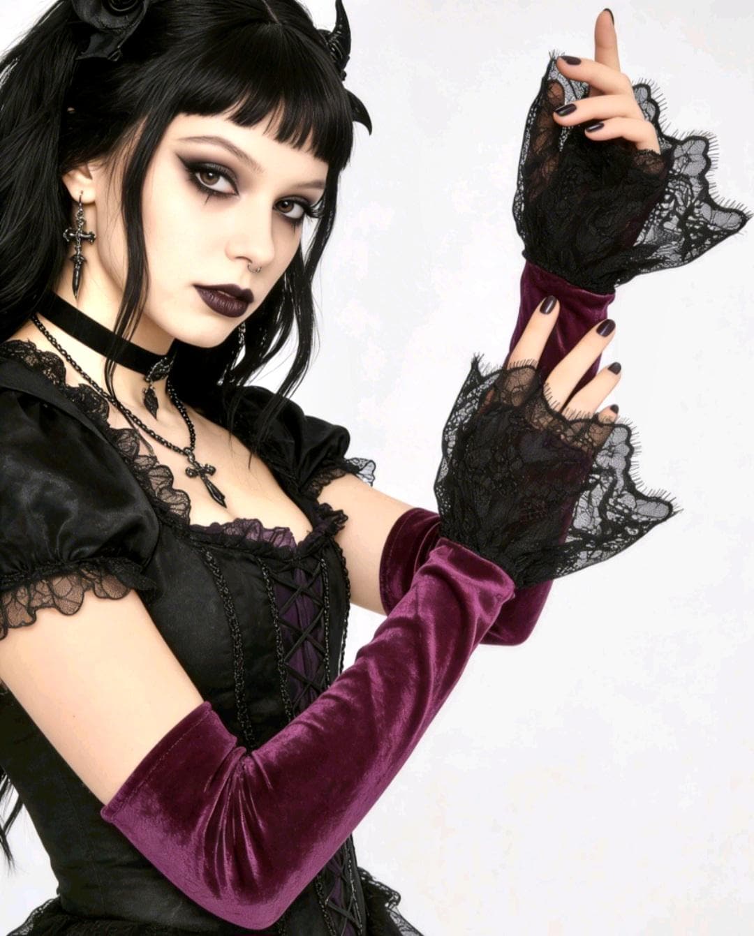 Cerise Purple Velvet Long Arm Warmers Black Lace, Gothic Victorian Sleeves Opera Gloves