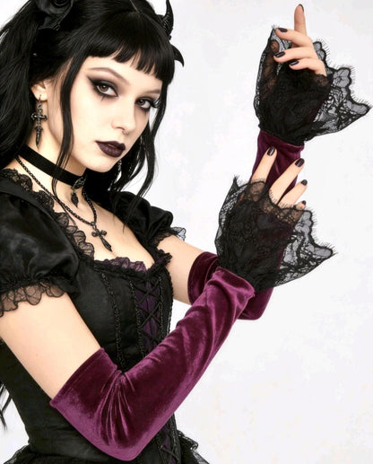 Cerise Purple Velvet Long Arm Warmers Black Lace, Gothic Victorian Sleeves Opera Gloves