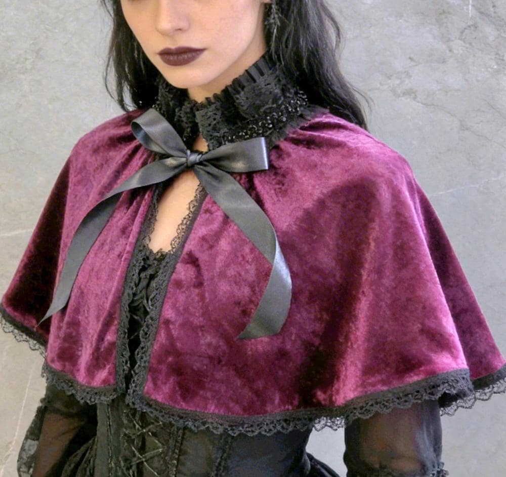 Cerise Purple Velvet Cape With Black Lace - Victorian Steampunk Gothic Costume