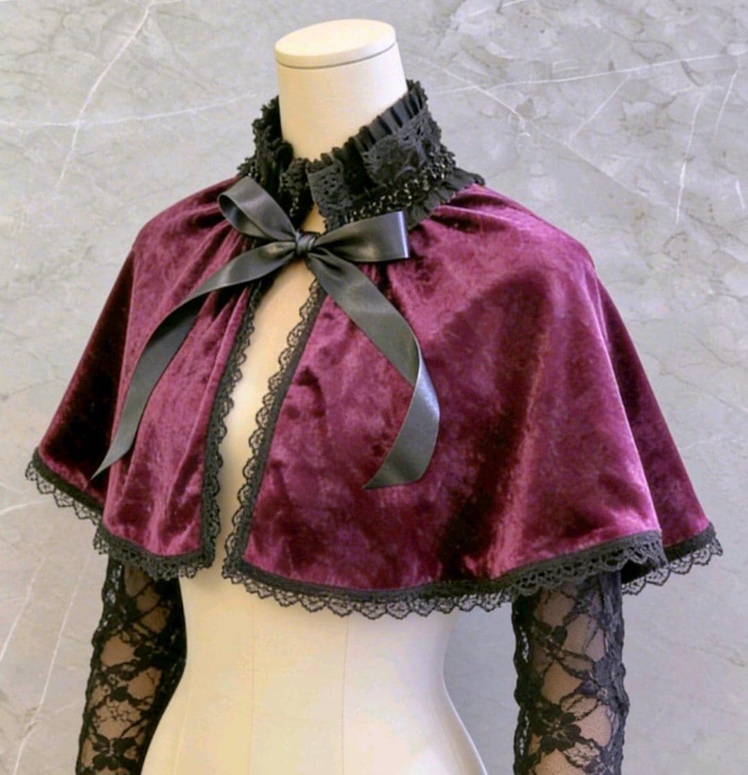 Cerise Purple Velvet Cape With Black Lace - Victorian Steampunk Gothic Costume