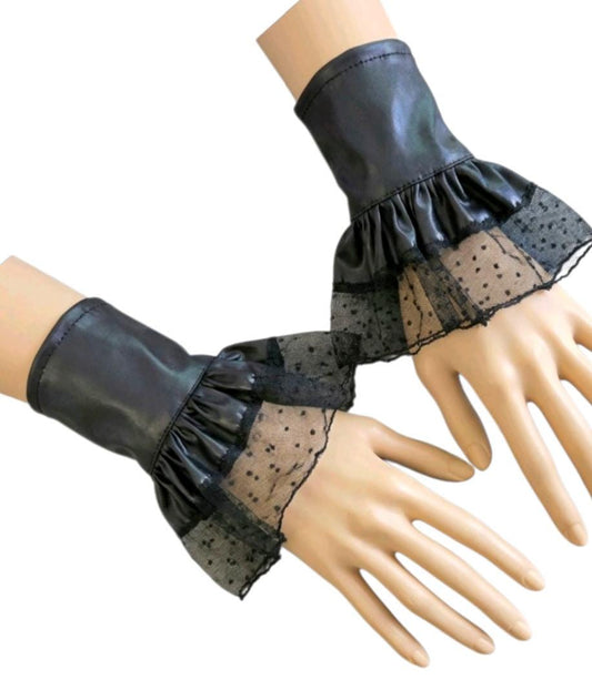 Black Faux Leather & Lace Wrist Cuffs - Gothic Victorian Punk Fingerless Gloves