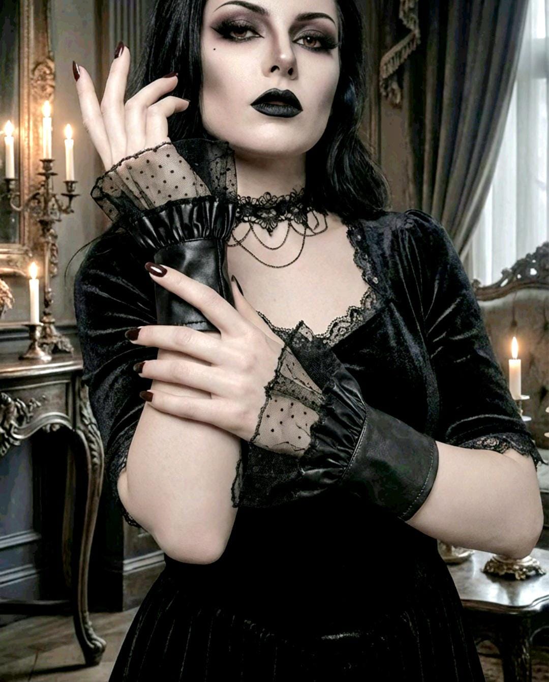Black Faux Leather & Lace Wrist Cuffs - Gothic Victorian Punk Fingerless Gloves