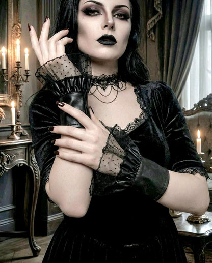 Black Faux Leather & Lace Wrist Cuffs - Gothic Victorian Punk Fingerless Gloves