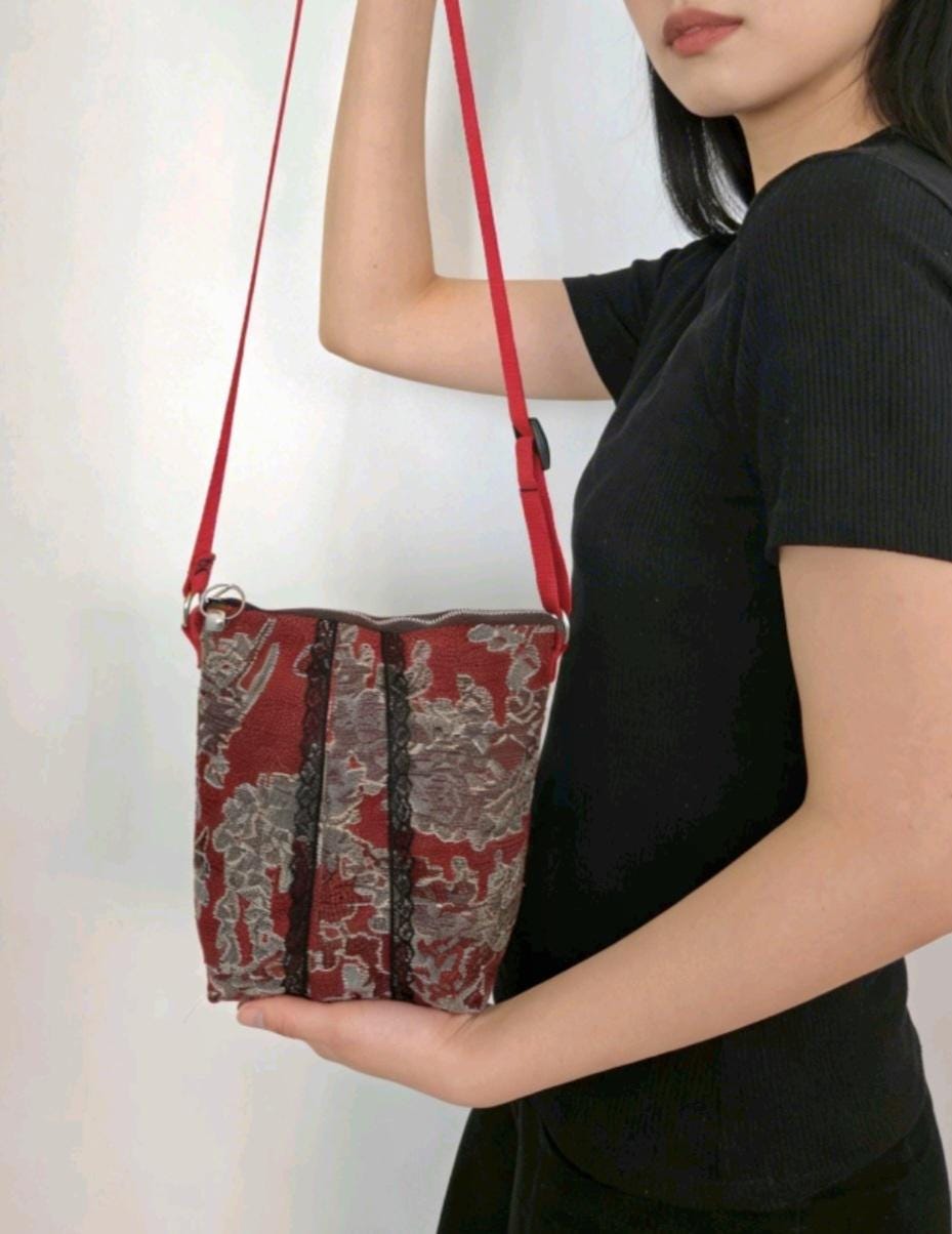 Handmade Burgundy Beige Velvet Crossbody Bag with Black Lace, Goth Festival