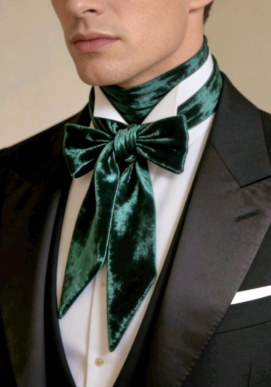 Dark Green Crushed Velvet Cravat Tie Pussy Bow - Steampunk Victorian Costume Wedding