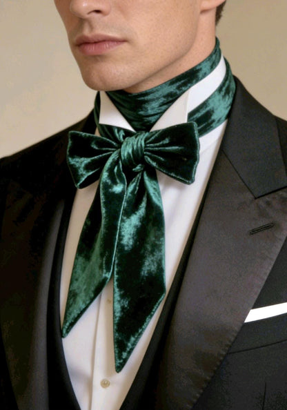 Dark Green Crushed Velvet Cravat Tie Pussy Bow - Steampunk Victorian Costume Wedding