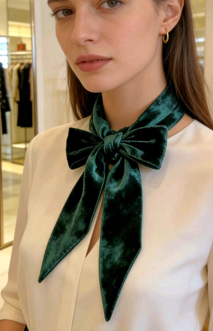 Dark Green Crushed Velvet Cravat Tie Pussy Bow - Steampunk Victorian Costume Wedding