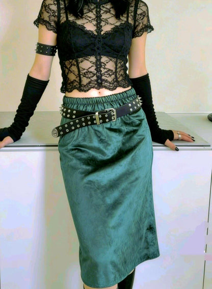 Dark Green Crushed Velvet Pencil Skirt - Gothic Witch Costume Size 8 - 12 (UK)