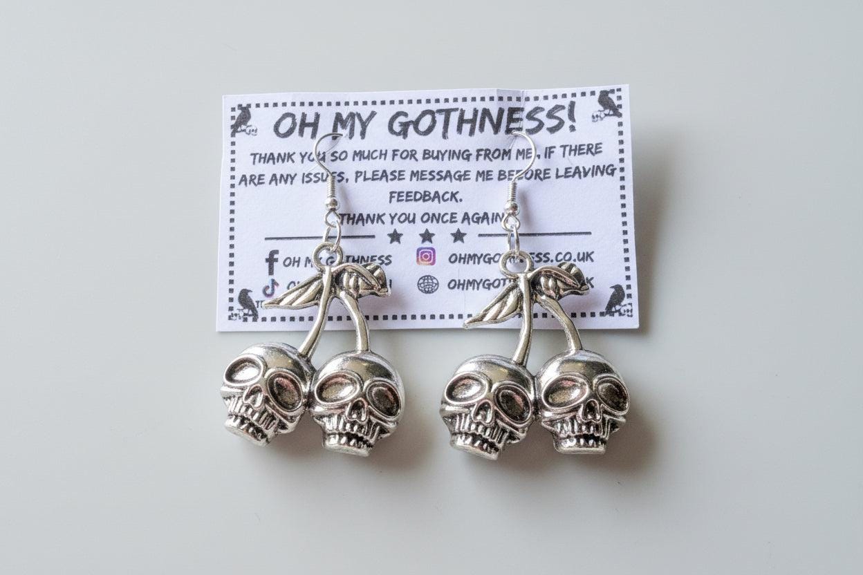 Hand Made Cherry Skull Drop Dangle Earrings in Silver Tone Metal. Gothic Punk Teen Earrings Gift