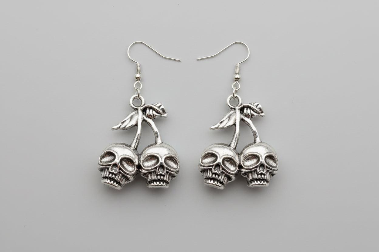Hand Made Cherry Skull Drop Dangle Earrings in Silver Tone Metal. Gothic Punk Teen Earrings Gift