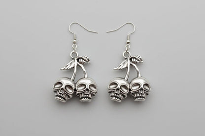 Hand Made Cherry Skull Drop Dangle Earrings in Silver Tone Metal. Gothic Punk Teen Earrings Gift
