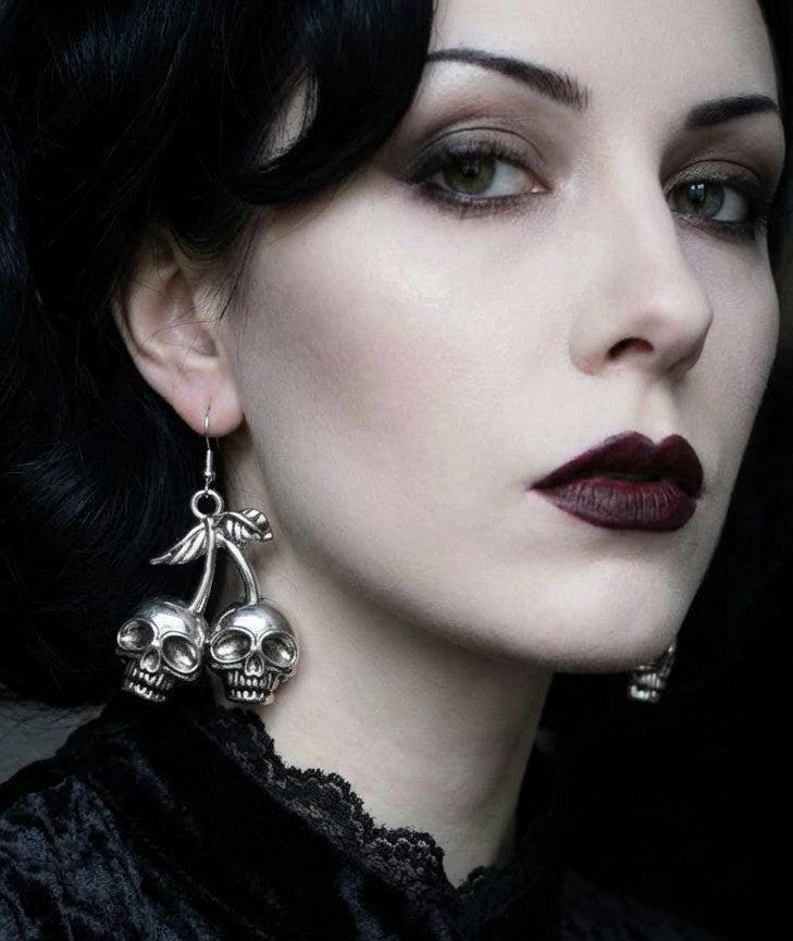 Hand Made Cherry Skull Drop Dangle Earrings in Silver Tone Metal. Gothic Punk Teen Earrings Gift