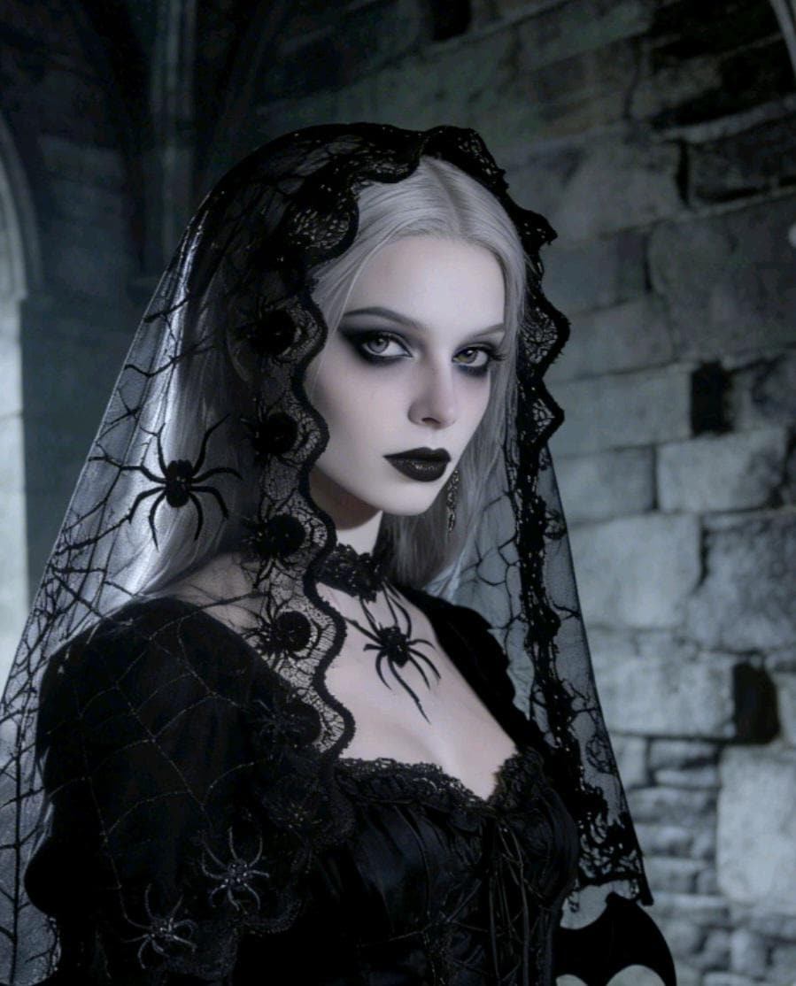 Black Lace Triangle Veil Spider & Web Victorian Catholic Whitby Gothic Bride Costume