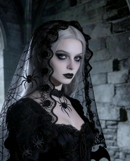 Black Lace Triangle Veil Spider & Web Victorian Catholic Whitby Gothic Bride Costume