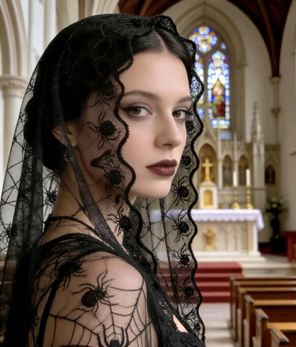 Black Lace Triangle Veil Spider & Web Victorian Catholic Whitby Gothic Bride Costume