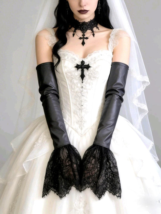 Black Faux Leather & Lace Arm Warmers Cuffs, Gothic Victorian Sleeves Opera Gloves