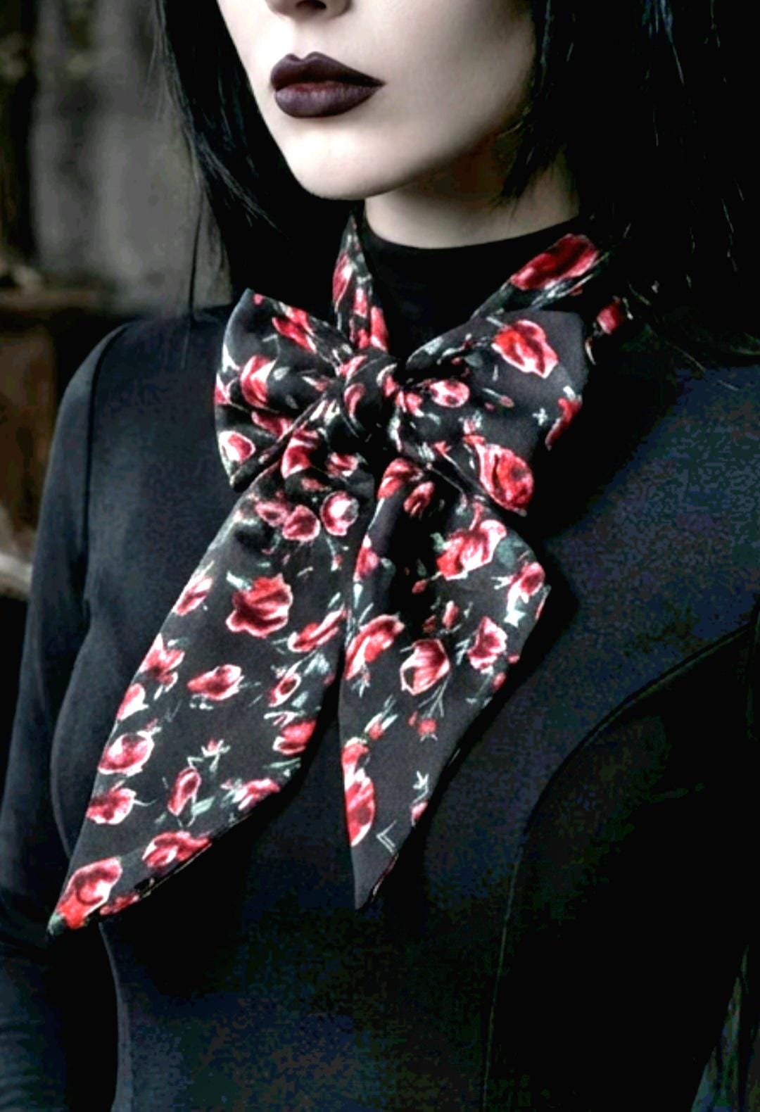 Black Red Roses Cotton Chiffon Cravat Bow Tie - Holiday, Steampunk, Gothic,