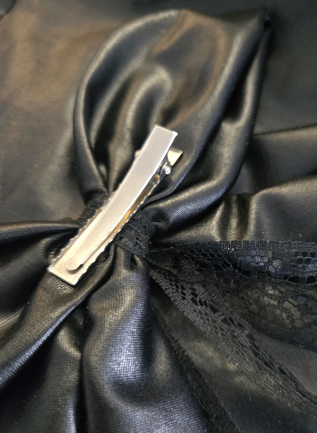 Big Faux Leather & Lace Hair Bow, Clip On, Gothic Punk Party