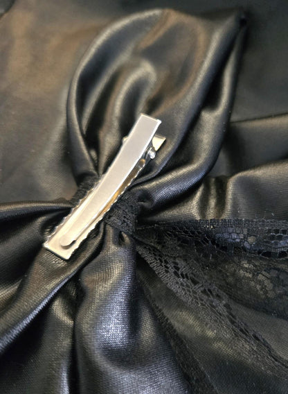 Big Faux Leather & Lace Hair Bow, Clip On, Gothic Punk Party