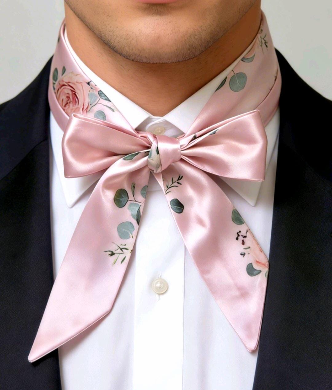 Pink Floral Satin Skinny Cravat Bow Scarf - Unisex Ladies, Steampunk, Wedding,