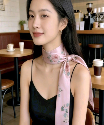 Pink Floral Satin Skinny Cravat Bow Scarf - Unisex Ladies, Steampunk, Wedding,