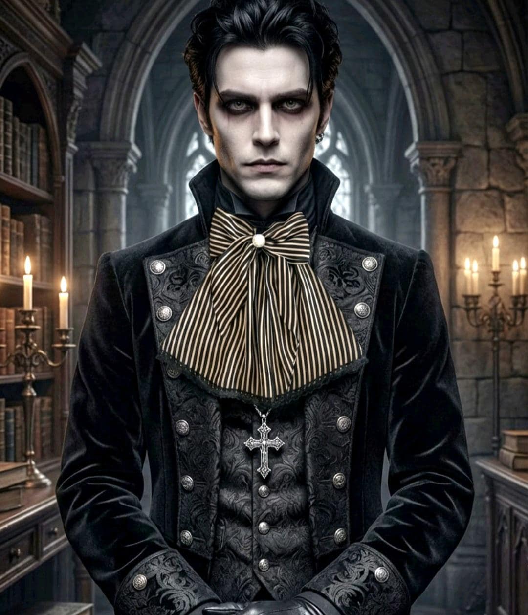 Cream Black Stripe Lace Jabot Cravat With Bow: Victorian Steampunk Costume Unisex