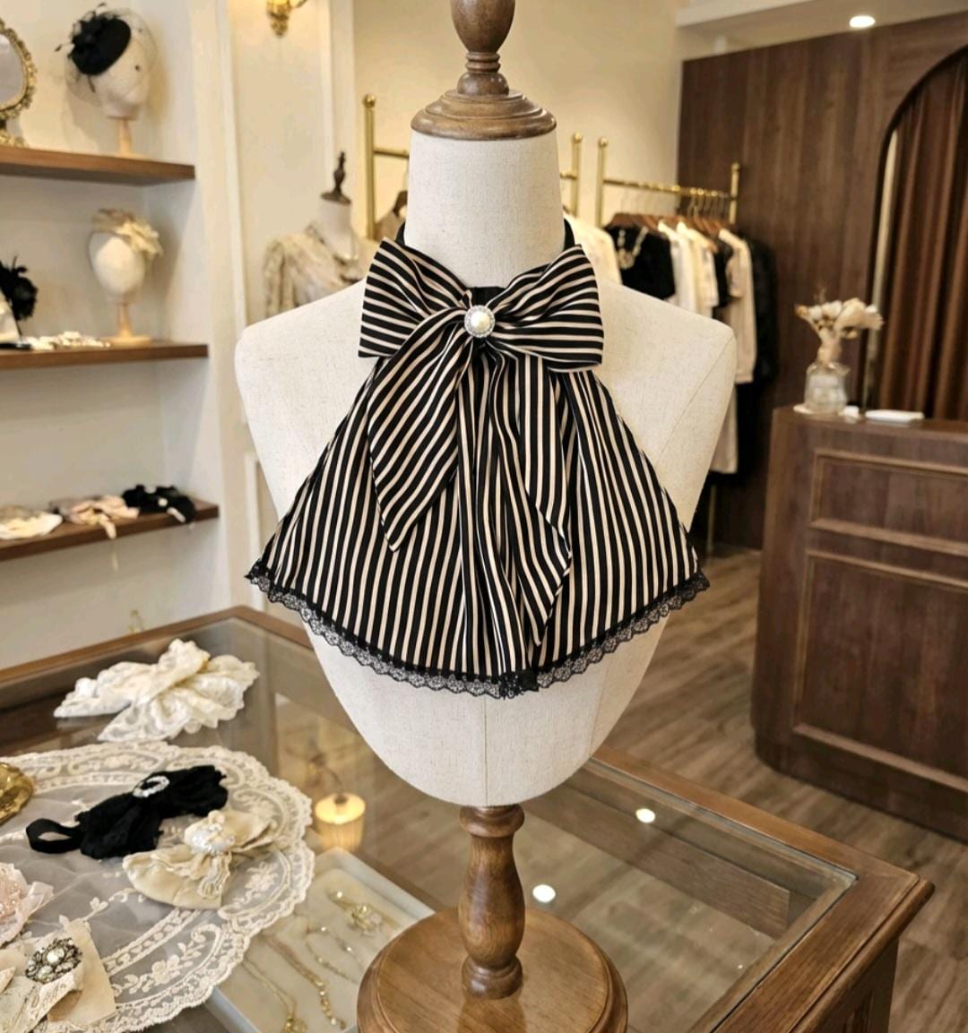 Cream Black Stripe Lace Jabot Cravat With Bow: Victorian Steampunk Costume Unisex