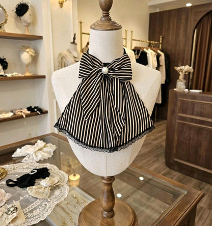 Cream Black Stripe Lace Jabot Cravat With Bow: Victorian Steampunk Costume Unisex