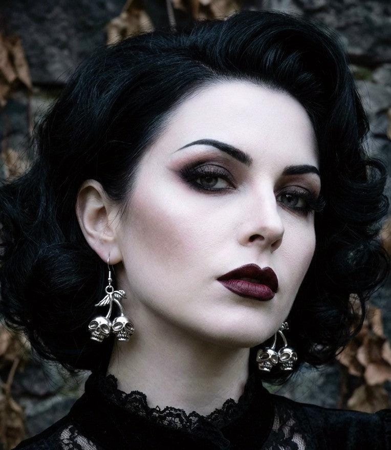 Hand Made Cherry Skull Drop Dangle Earrings in Silver Tone Metal. Gothic Punk Teen Earrings Gift