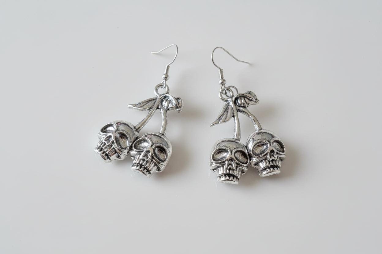 Hand Made Cherry Skull Drop Dangle Earrings in Silver Tone Metal. Gothic Punk Teen Earrings Gift