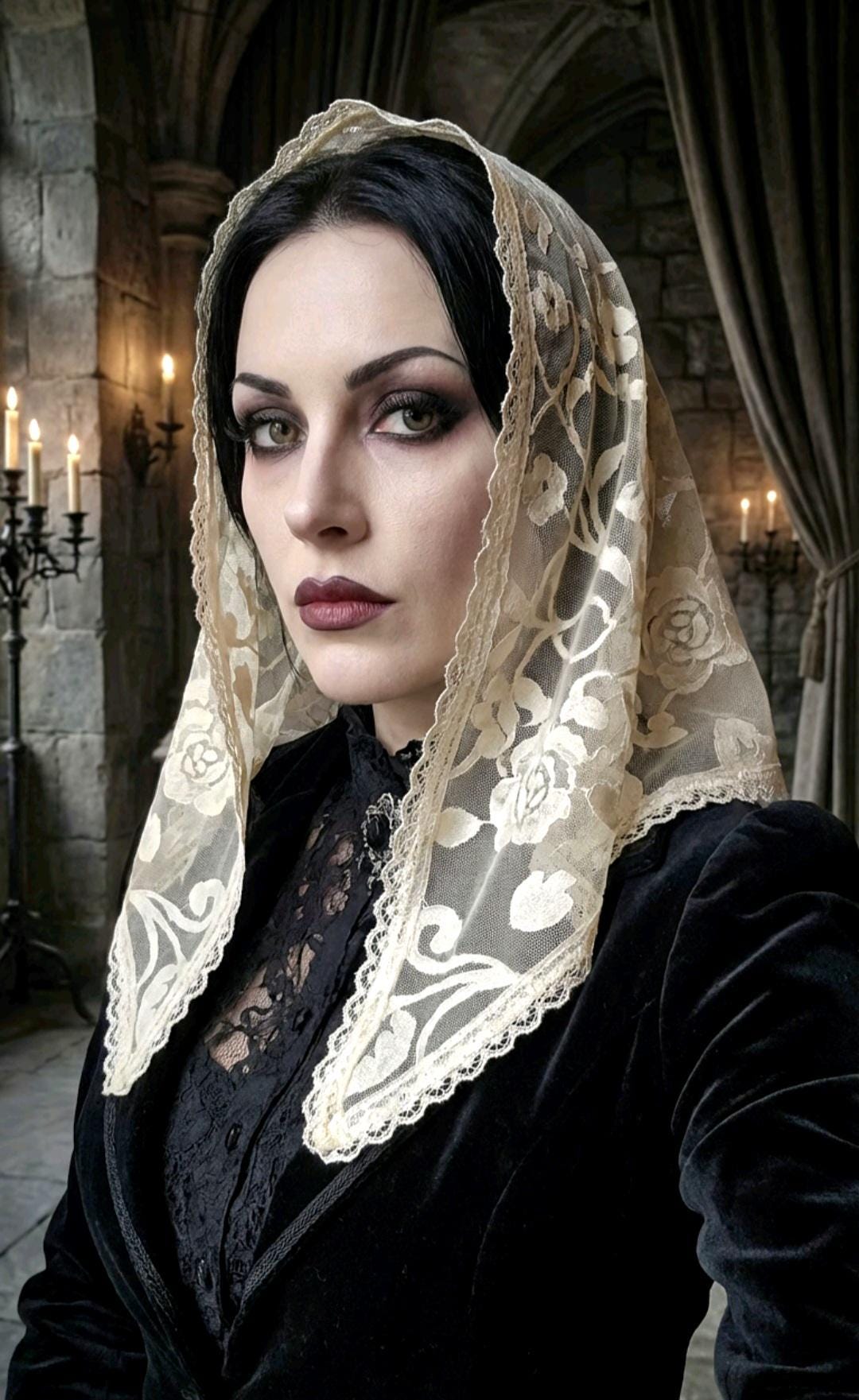 Cream Lace Triangle Veil Small Mantilla, Victorian Catholic Spanish Whitby Gothic