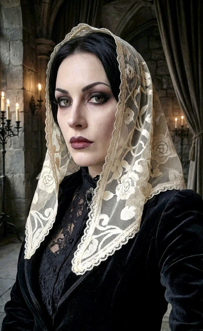 Cream Lace Triangle Veil Small Mantilla, Victorian Catholic Spanish Whitby Gothic
