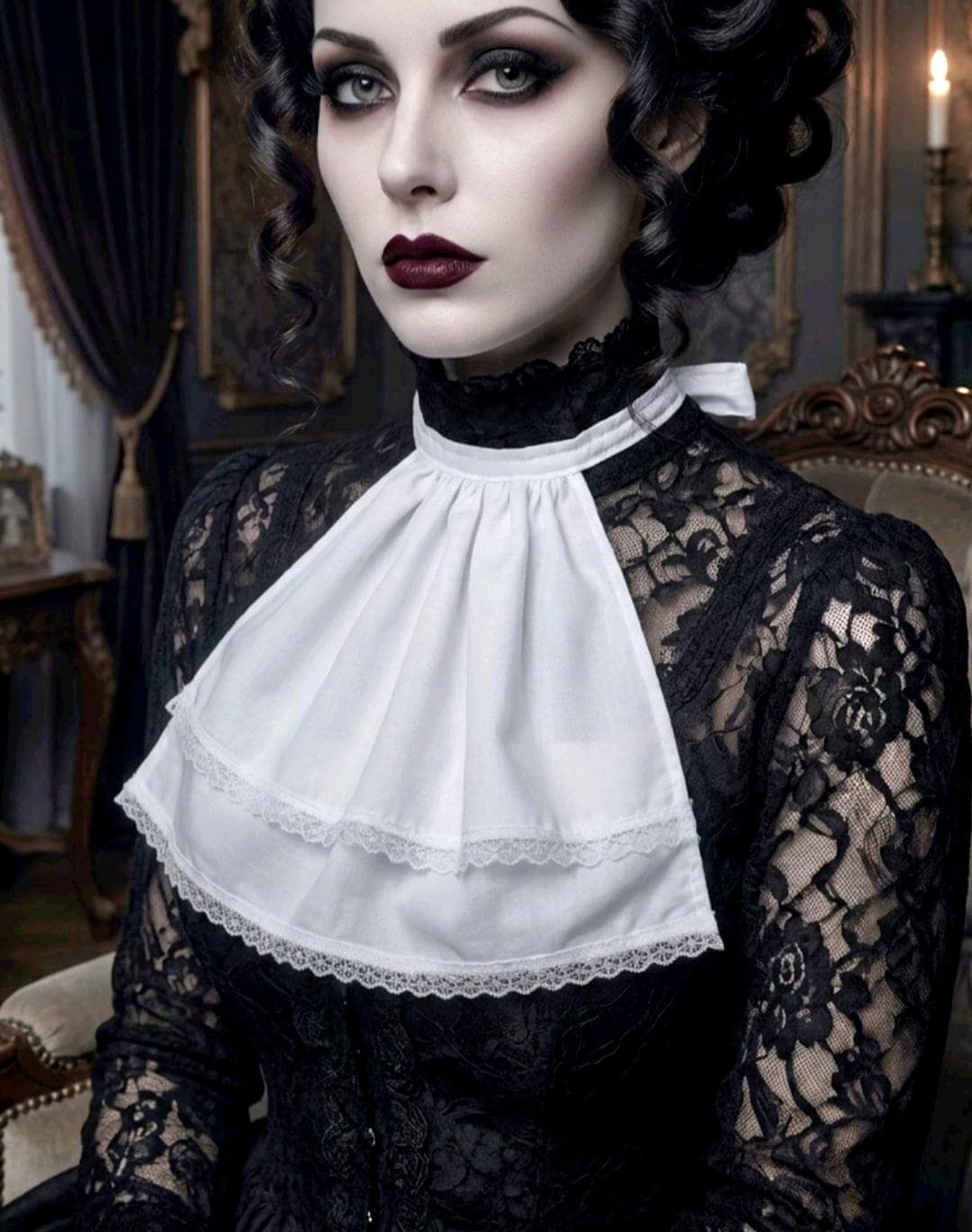 White Cotton Jabot Double Layer With Lace Neck Frill - Victorian Steampunk Wedding Whitby Gothic