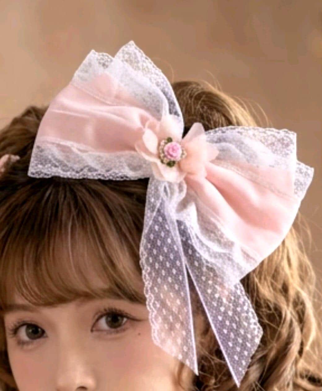 Pink Chiffon White Lace Hair Bow, Clip On - Lolita Gothic Punk Kawaii