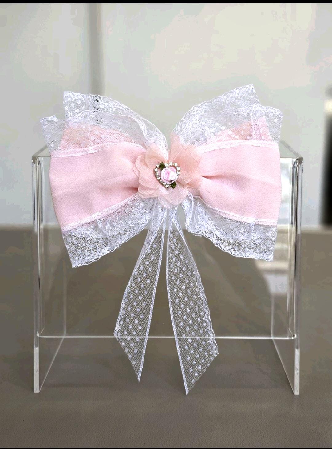 Pink Chiffon White Lace Hair Bow, Clip On - Lolita Gothic Punk Kawaii