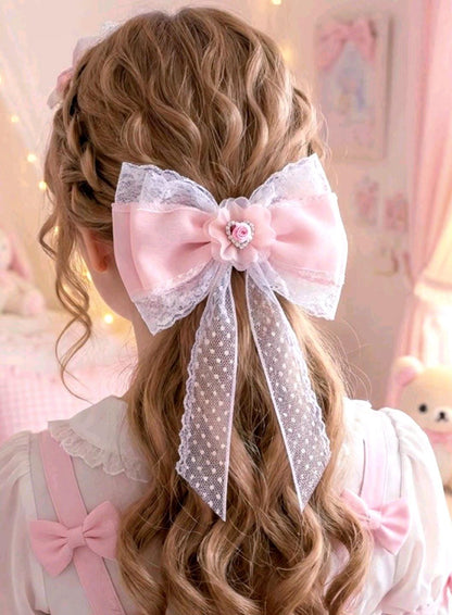 Pink Chiffon White Lace Hair Bow, Clip On - Lolita Gothic Punk Kawaii