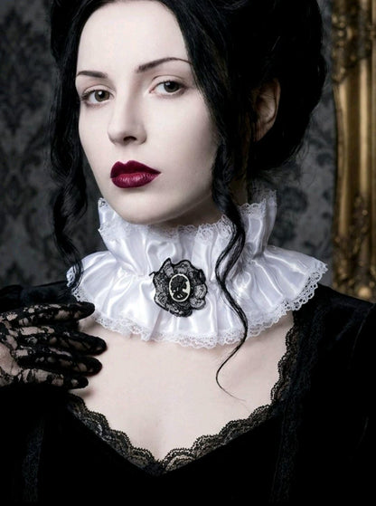 White Satin & Lace Choker Neck Ruff Collar With Skeleton Cameo - Steampunk Gothic Costume Whitby