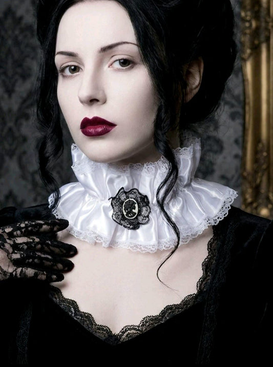 White Satin & Lace Choker Neck Ruff Collar With Skeleton Cameo - Steampunk Gothic Costume Whitby